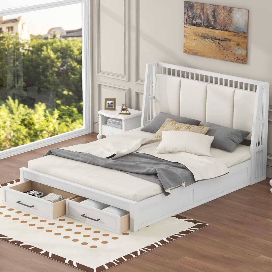 JIJIWANG Queen Size Wood Platform Bed with Upholstered Headboard and 2 Drawers, Antique White