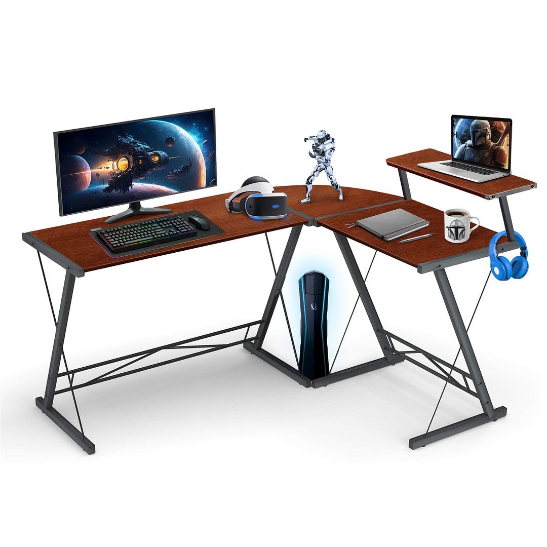 Halter L Shaped Desk, Gaming Computer Corner Desk for Small Spaces with Monitor Shelf, Modern Home Office L Desk, Writing Study, Workstation, Brown, 59 Inches