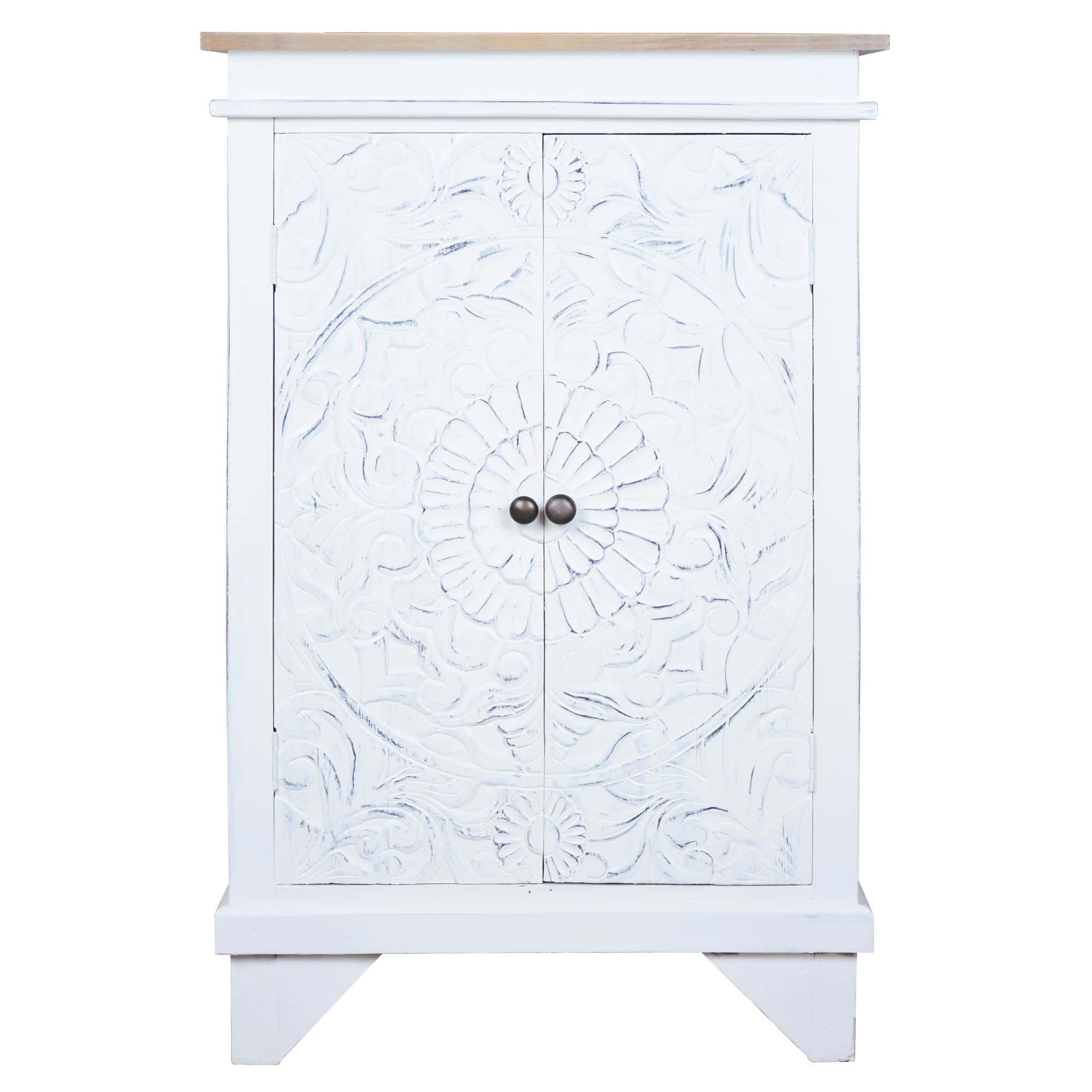 Solid Wood Carved Accent Distressed White