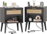 Nightstands Set of 2, Night Stands with Charging Station & Rattan Drawer, Boho Style Bed