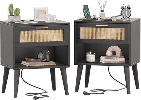 Nightstands Set of 2, Night Stands with Charging Station & Rattan Drawer, Boho Style Bed