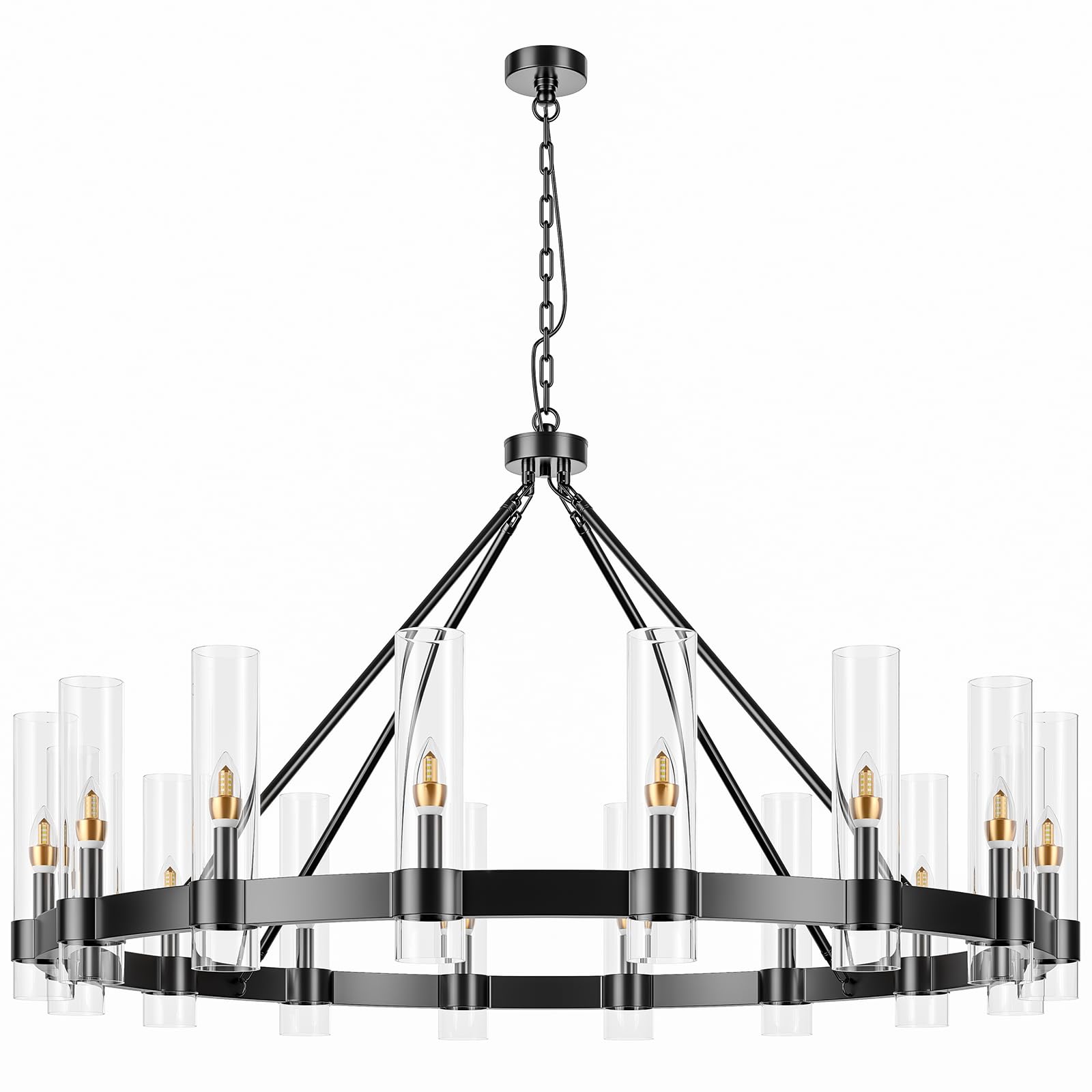 48 Inch Black Wagon Wheel Chandelier with Glass Shade, 16 Lights, Modern Farmhouse