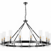 48 Inch Black Wagon Wheel Chandelier with Glass Shade, 16 Lights, Modern Farmhouse