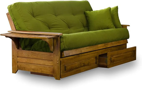 Brentwood Tray Arm Full Size Wood Futon Frame and Storage Drawers - Heritage Finish