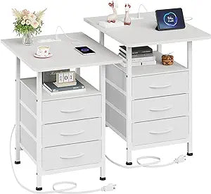 Night Stand Set 2 with 19'' D Larger Tabletop and 3 Fabric Drawer, Bedside Tables with Fast Charging Station