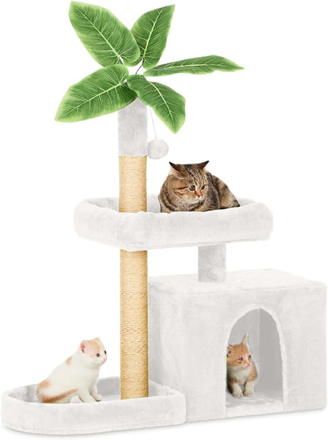 31.5" Cat Tree/Tower for Indoor Cats with Green Leaves, Cat Condo Cozy Plush Cat House