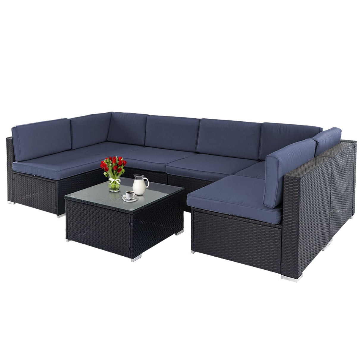 7-Piece Outdoor Patio Sofa, All Weather Black Brown Wicker Sectional Furniture