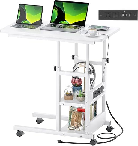 Height Adjustable C Shaped End Table with Charging Station, Mobile Laptop Side