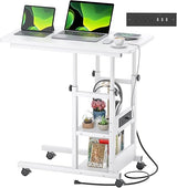 Height Adjustable C Shaped End Table with Charging Station, Mobile Laptop Side