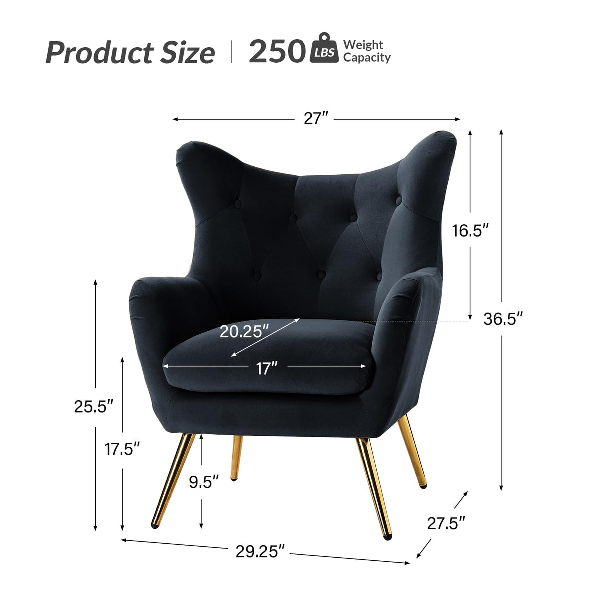 Velvet Accent Chair, Modern Wingback Arm Chair with Metal Gold Legs, Velvet Tufted Upholstered Single Sofa Chair for Living Room Bedroom, Dining Room Accent Club Guest Chair (Black)