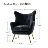 Velvet Accent Chair, Modern Wingback Arm Chair with Metal Gold Legs, Velvet Tufted Upholstered Single Sofa Chair for Living Room Bedroom, Dining Room Accent Club Guest Chair (Black)