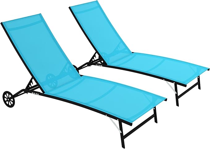 Outdoor, 2 Piece Lounge Chair with Wheels, Tanning Chair with 5 Adjustable Positions