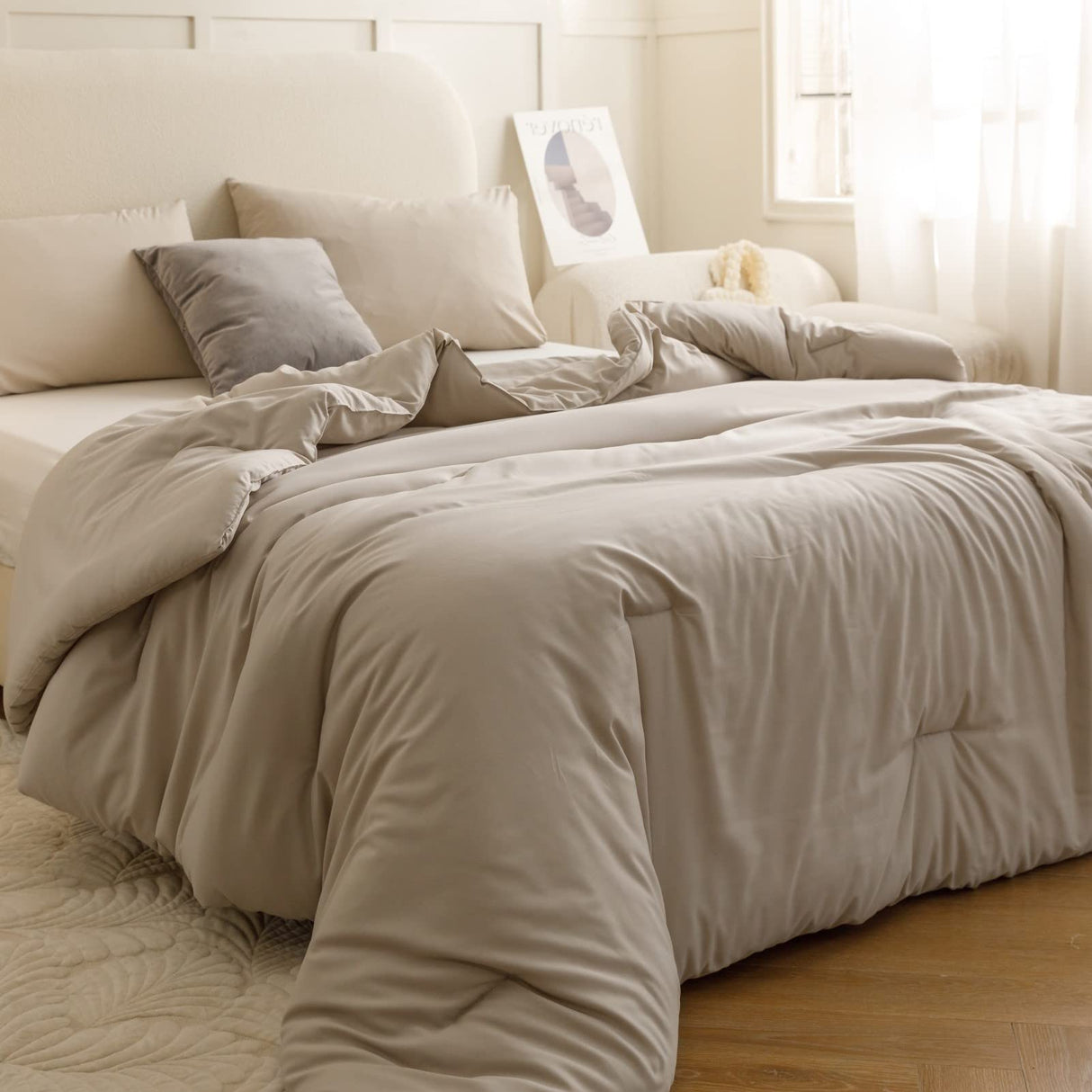 King Size Comforter Set Oatmeal, 3pcs (1 Boho Comforter & 2 Pillowcases), All Season