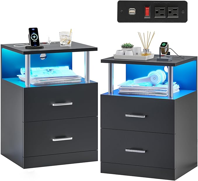 Night Stand with Charging Station and USB Ports, White Night Stand with 2 Drawers