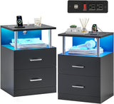 Night Stand with Charging Station and USB Ports, White Night Stand with 2 Drawers