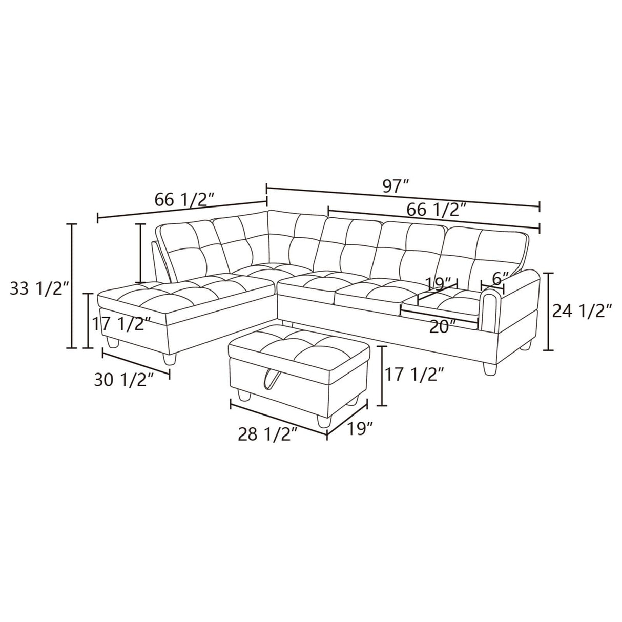 Couch 2 Pieces Sofa with Left Chaise Flannel L Shaped Cloud Couch for Living Room Furniture Sets Frame, Modular Sofa for Living Room, Bedroom, Apartment, Silver Gray