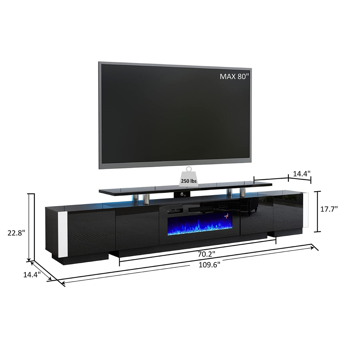 110" Large Fireplace TV Stand Set with 36" Electric Fireplace, includes 70" 2-Tier