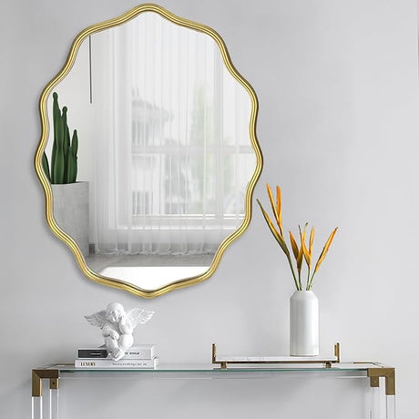 Black Round Mirror, 30" Bathroom Wavy Mirror, Wall Mounted Mirror, Circle Decorative Mirrors for Master Bath Half Bath Bedroom Living Room Bedroom Fireplace Entryway