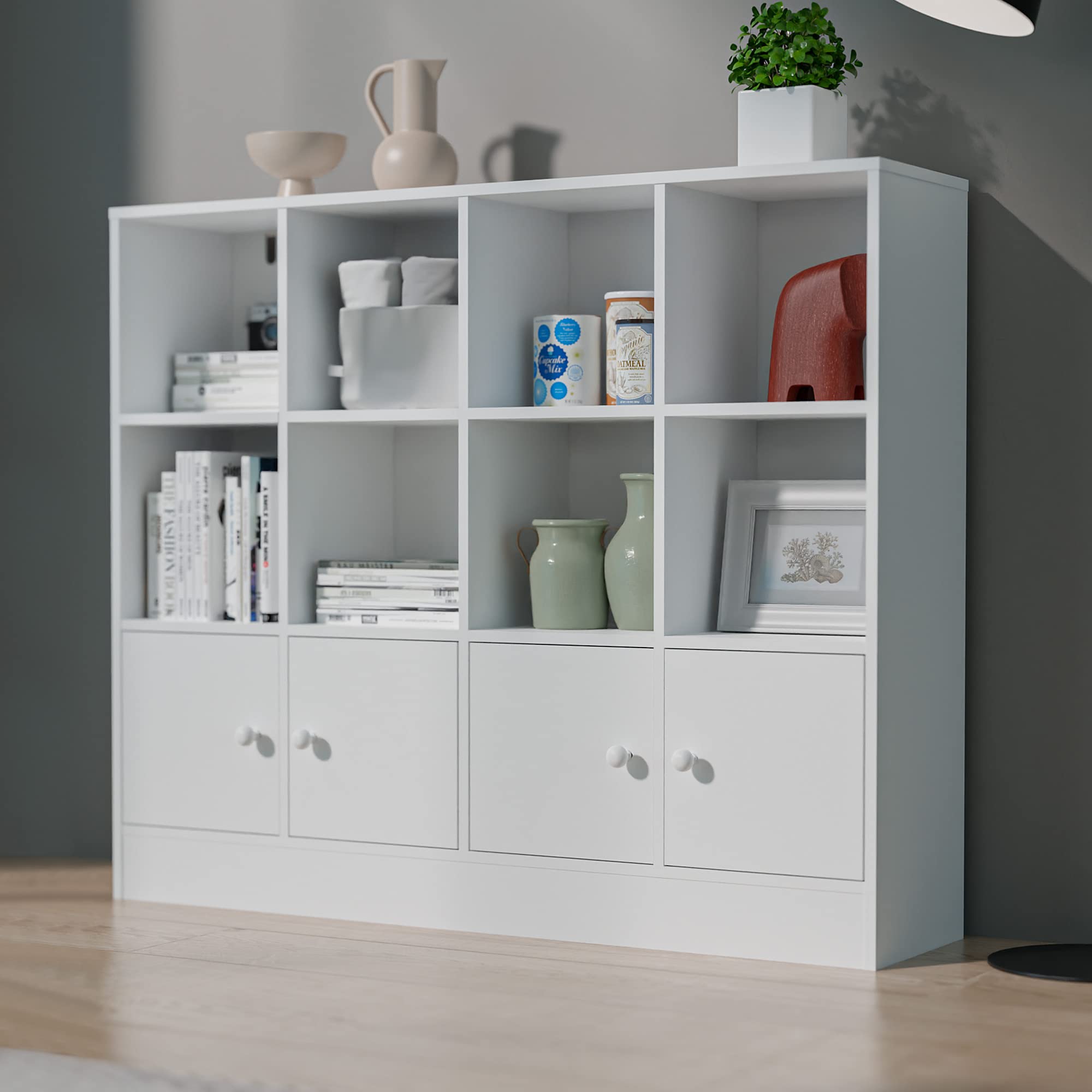 3 Tier Bookshelf, 12 Cube Storage Organizer Shelf with 4 Doors