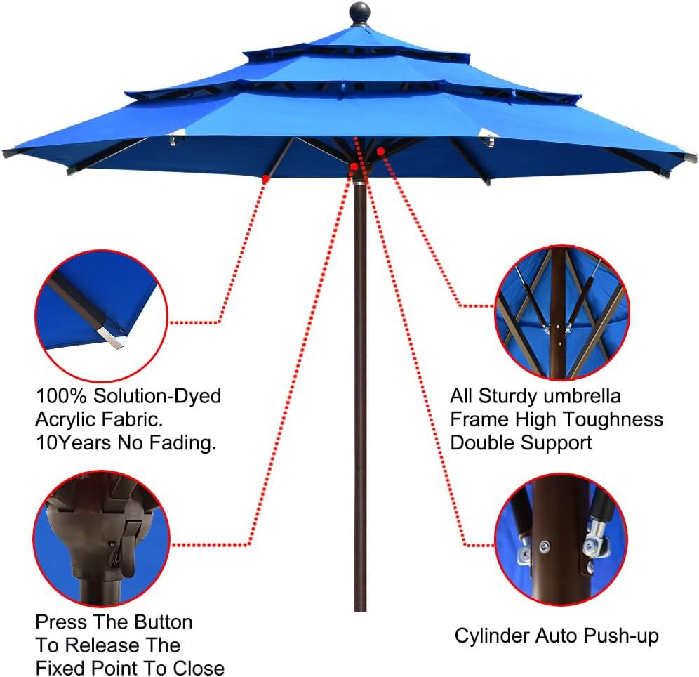 USA 10-Year-Non-Fading 11Ft 3 Tiers Market Umbrella Patio Outdoor Cylinder Auto Push-up Table Umbrella with Ventilation,