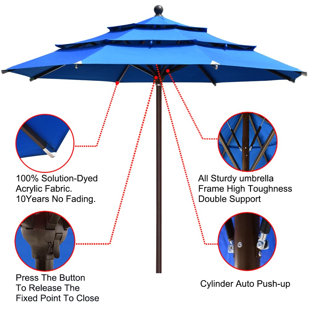 USA 10-Year-Non-Fading 11Ft 3 Tiers Market Umbrella Patio Outdoor Cylinder Auto Push-up Table Umbrella with Ventilation,