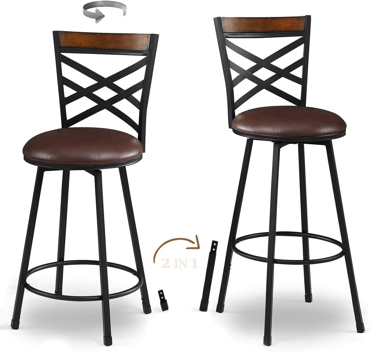 New Brown Swivel Bar Stools Set of 2, Adjustable Seat Height Bar Stools