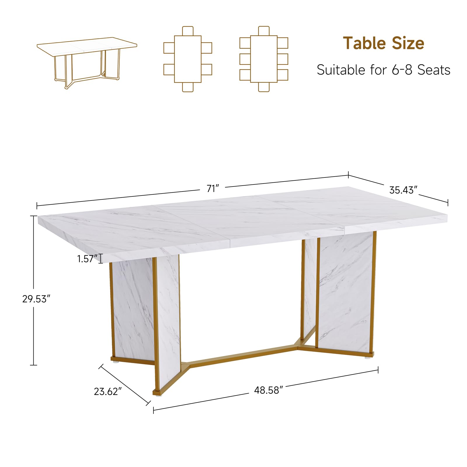 71" Rectangular Dining Table for 6-8 People - White Marble & Gold Metal Frame