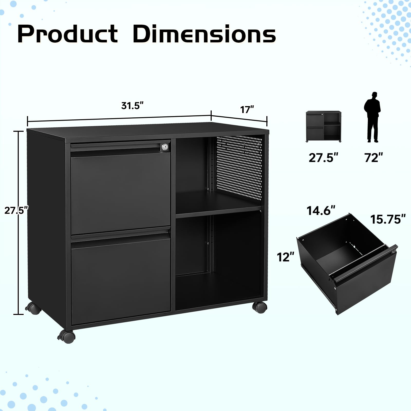 2 Drawer File Cabinet on Wheels, Metal Filing Cabinets with Storage Shelves