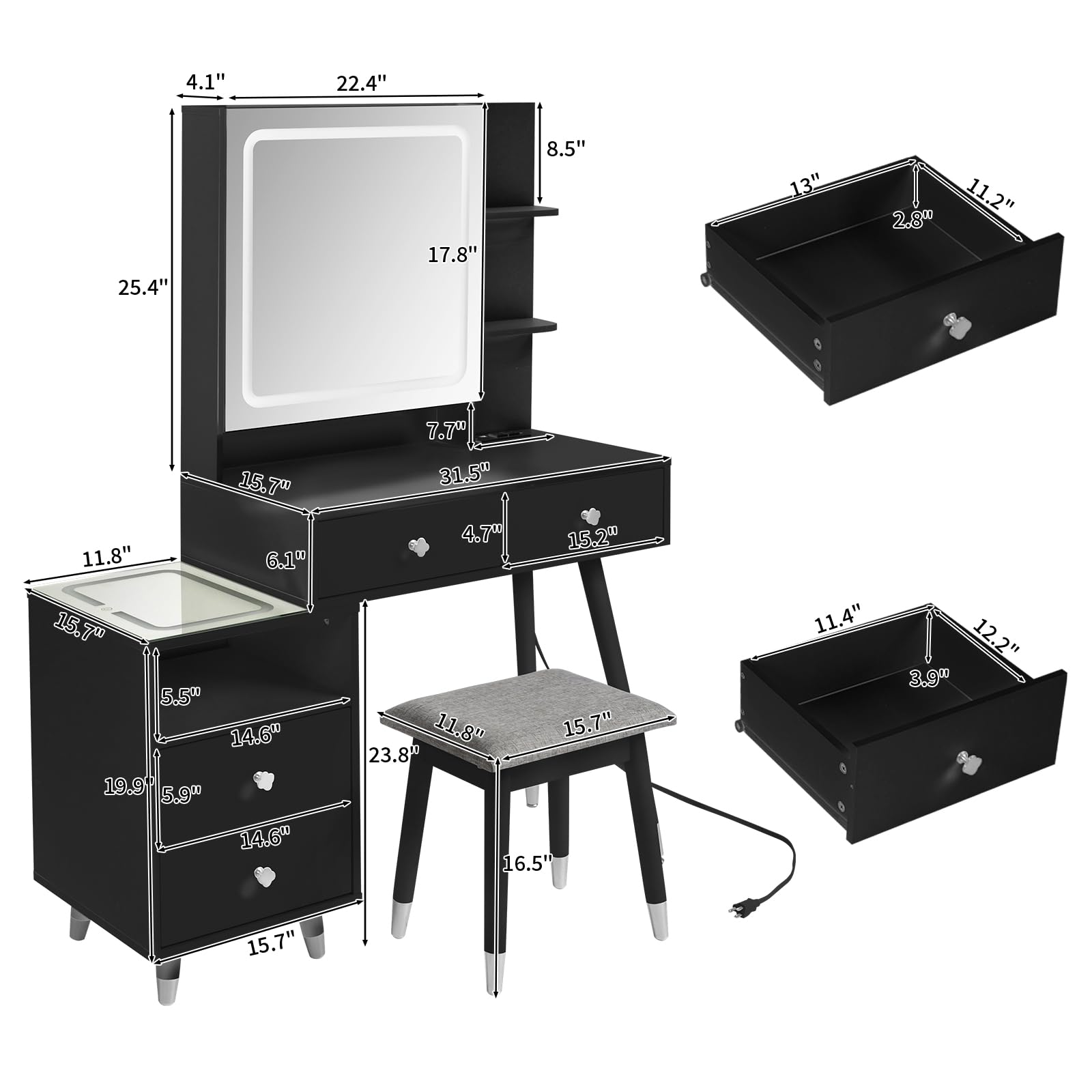 Table Set with Lighted Mirror Cabinet & Charging Station 3-Color Lighting Makeup Desk