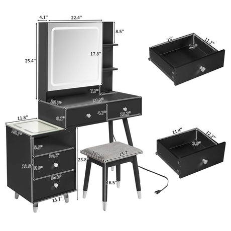 Table Set with Lighted Mirror Cabinet & Charging Station 3-Color Lighting Makeup Desk