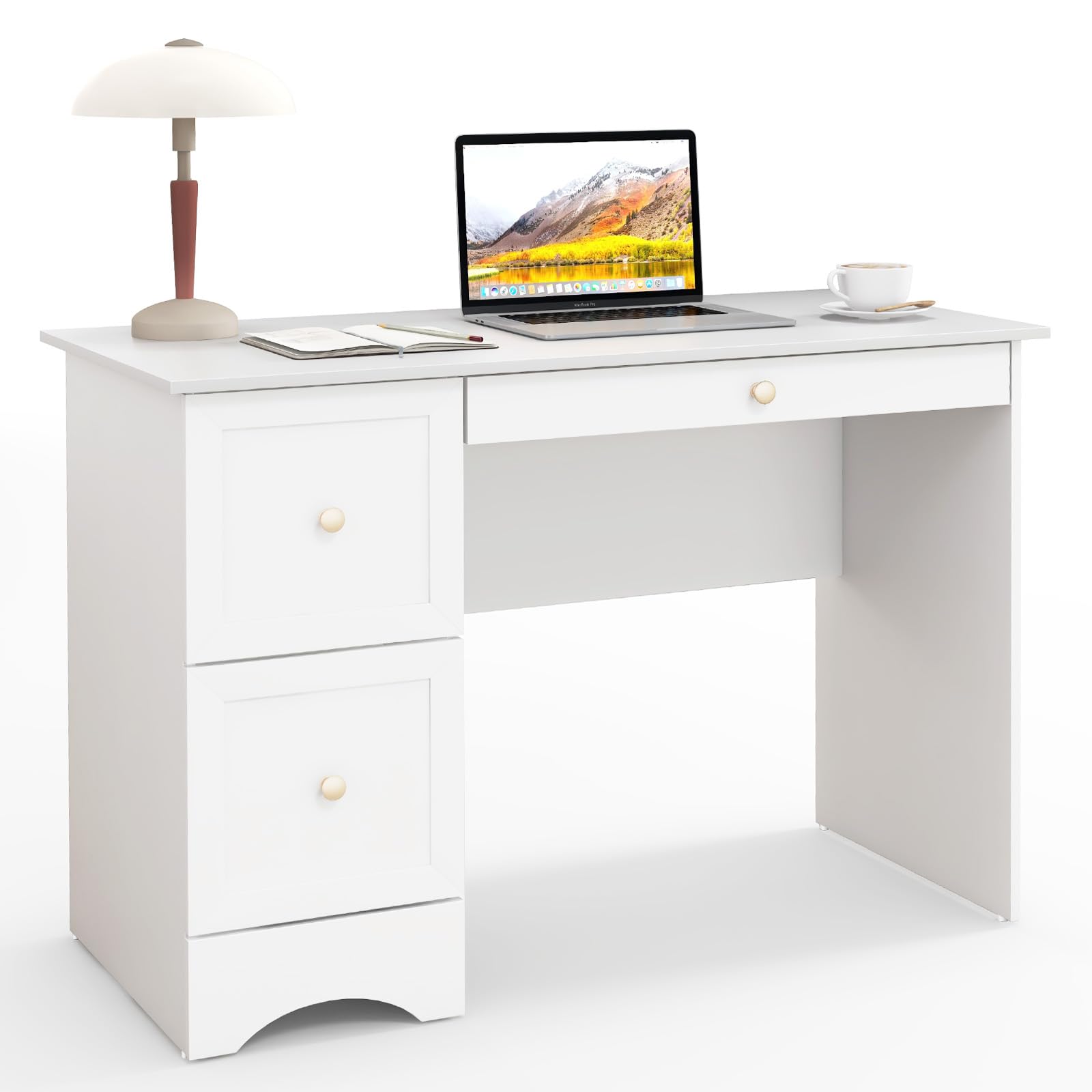 White Desk with 3 Drawers, Wooden Home Office Desk PC Laptop Notebook Desk