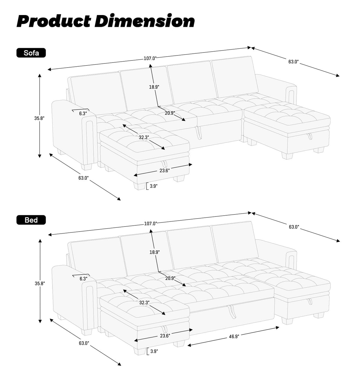 Modular Sectional Sleeper Sofa with Pull Out Bed Convertible U Shaped Sectional Sofa