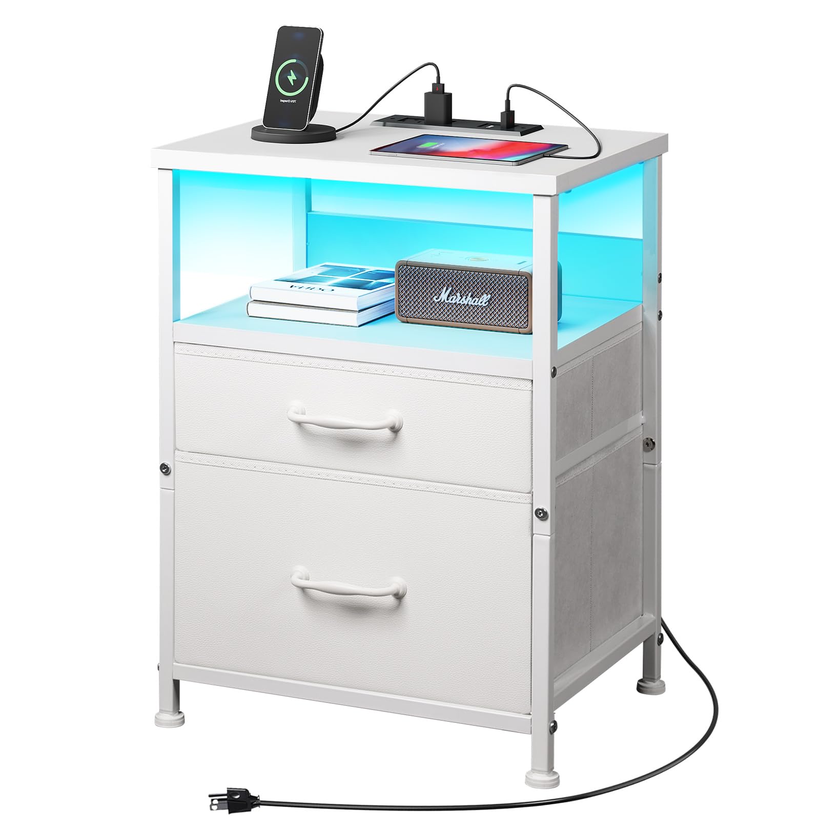 White Nightstand with Charging Station, LED Night Stand with 2 Fabric Drawers, Side Table