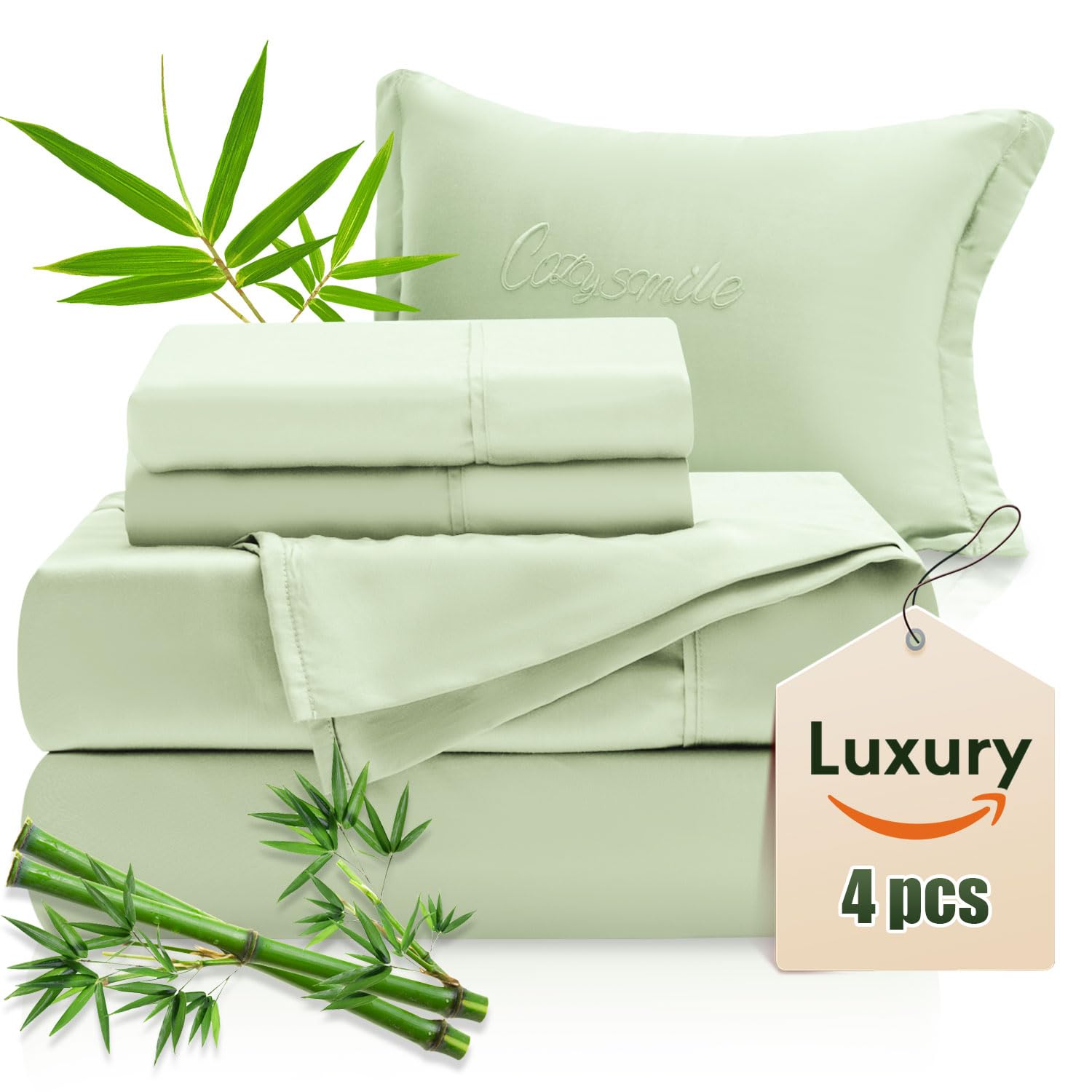 Sheets 100% Viscose Derived from Bamboo, 4pcs Cooling Sheet Set for Hot Sleeper, Queen Size Bedding, 16" Deep Pocket, Soft, Mint Green