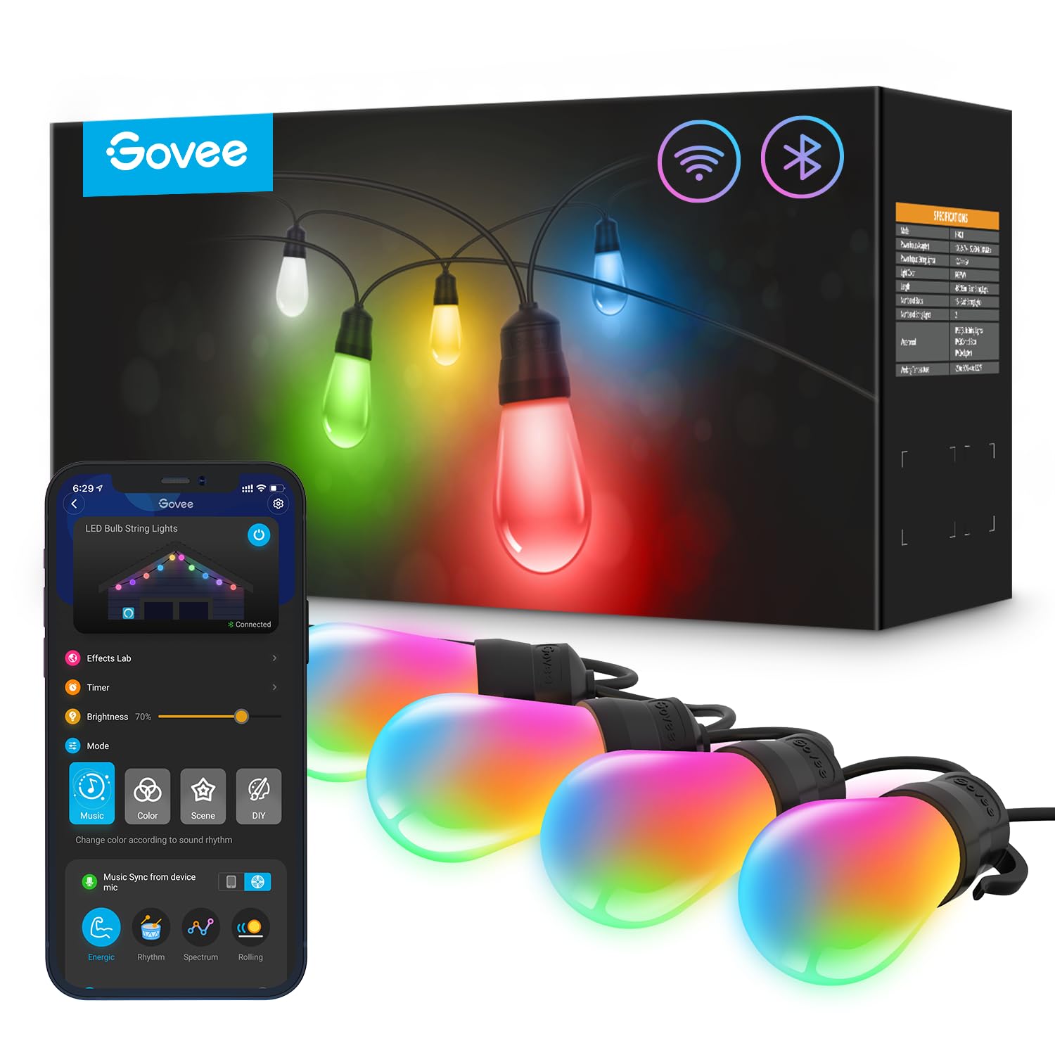 Outdoor String Lights H7021, RGBIC Warm White 96ft (2 Ropes of 48ft) LED Bulbs