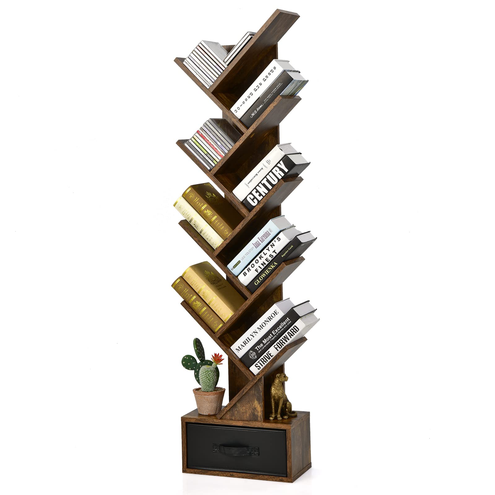 Tree Bookshelf with Drawer, 10 Shelf Space Saving Rustic Brown Wooden Bookcase