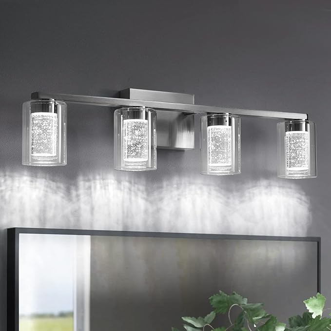Brushed Nickel 6-Light Vanity Fixtures, Crystal Bubble Glass LED Sconces - Dimmable 3-Color (White/Neutral/Warm) for Bathroom, Hallway, Living Room
