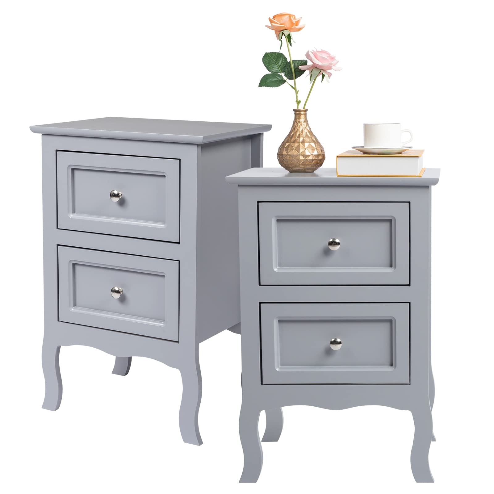 Grey Nightstand Set of 2 for Bedroom, Vintage Small Night Stand with Drawers