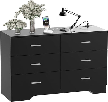 Dresser with Power Outlets Wooden 6 Drawer Dresser with USB and Type