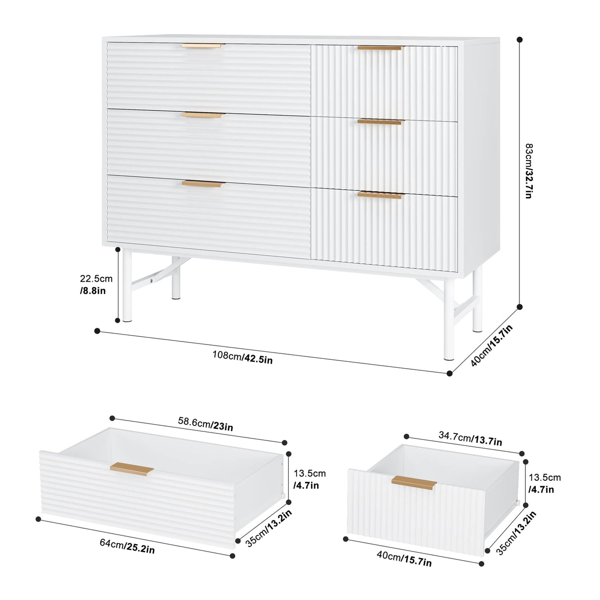 White Dresser, 6 Drawer Double Dresser with Deep Drawers and Metal Handles