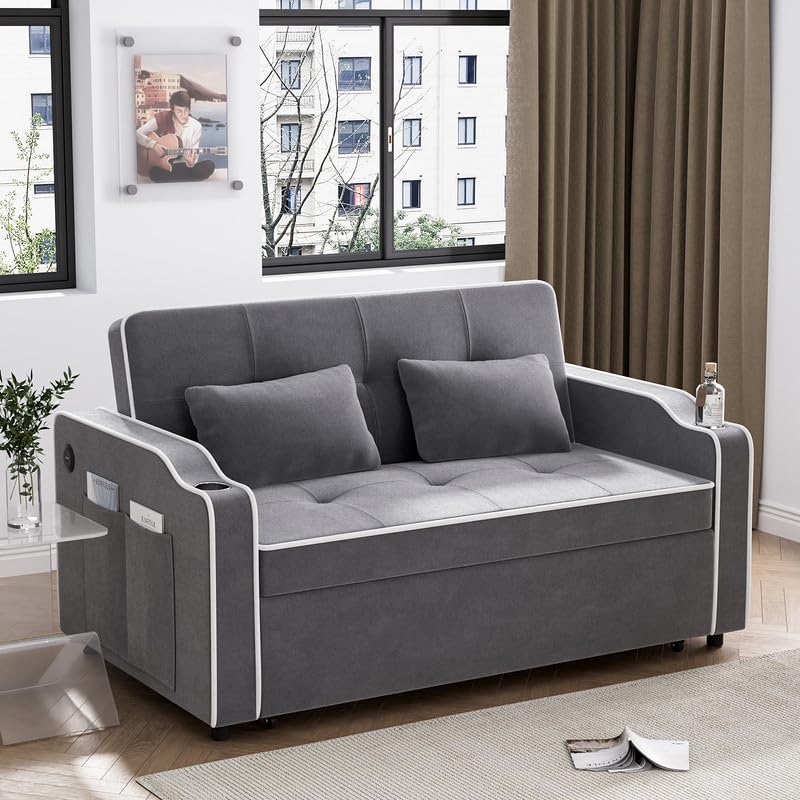 Sleeper Sofa Bed with USB Port, Velvet Pull Out Couch Bed, 3-in-1 Convertible