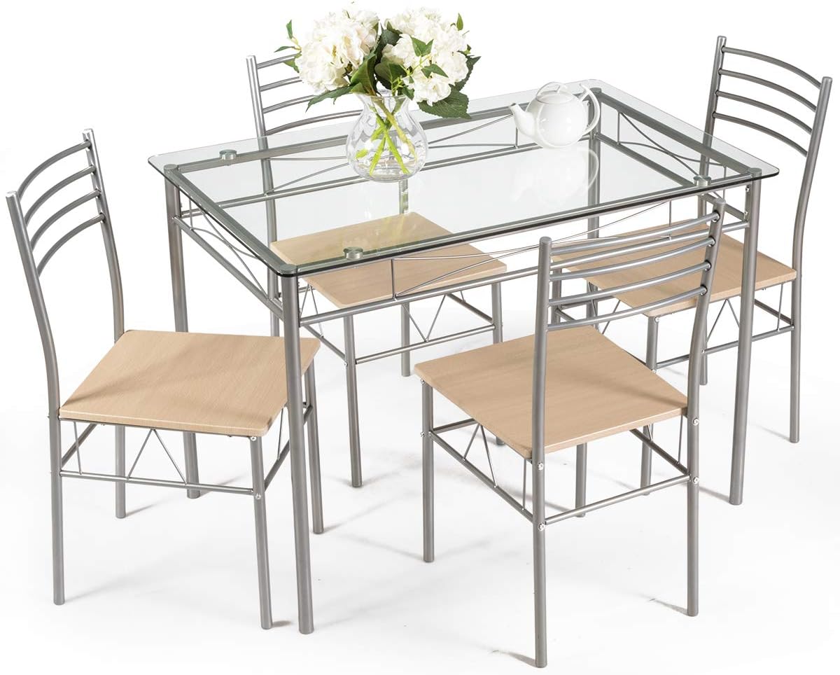 5-Piece Glass Dining Table Set with 4 Chairs