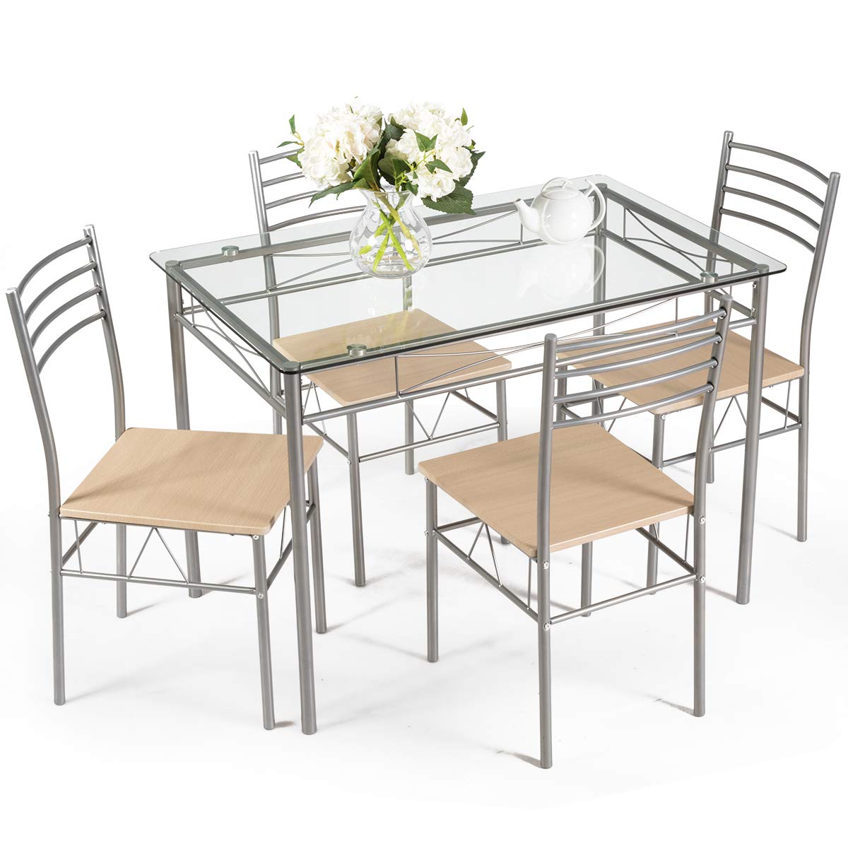 5-Piece Glass Dining Table Set with 4 Chairs