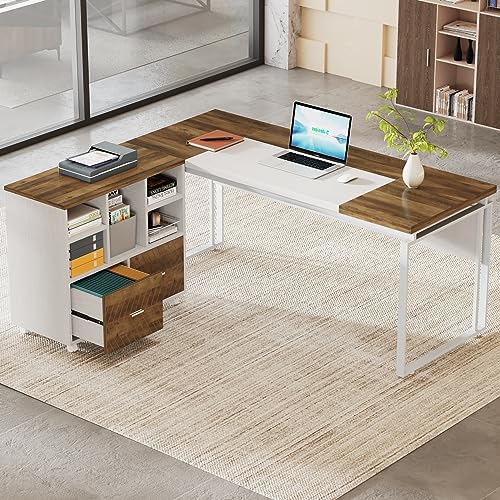 ProWork 63W L-Shaped Executive Desk with Reversible File Cabinet & Storage