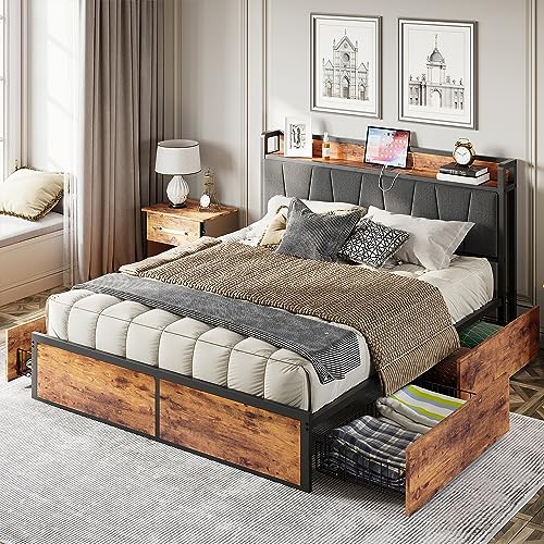 Queen Bed Frame with 4 Storage Drawers, Platform Bed