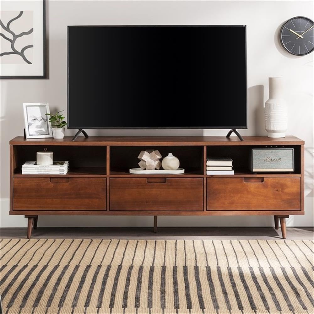 Millie Mid Century Modern 3 Drawer Solid Wood Low Stand for TVs up to 80 Inches