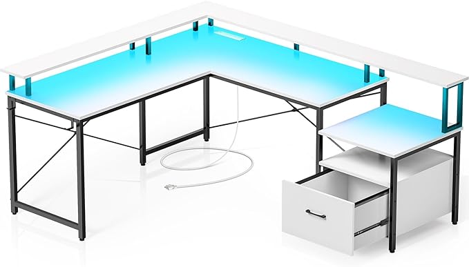 Computer Desk with File Drawer, 64" Reversible L Shaped Desk with Power