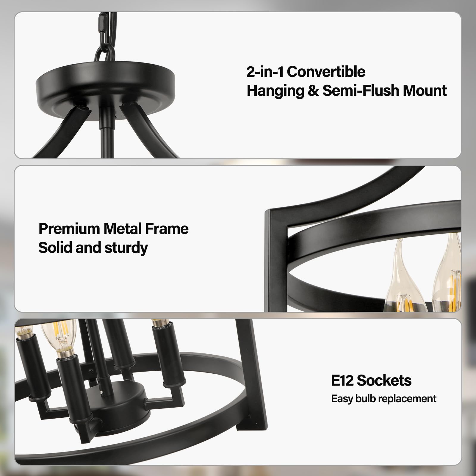 4-Light Farmhouse Chandelier - Black Semi Flush Mount Ceiling Light