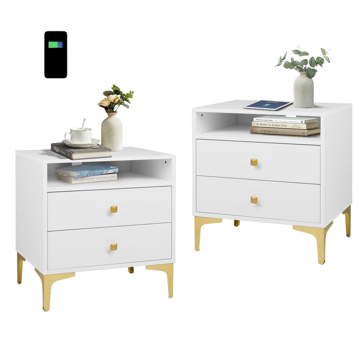 Nightstands Set of 2 with Wireless Charging Function Wooden Night Stands 2 Sets