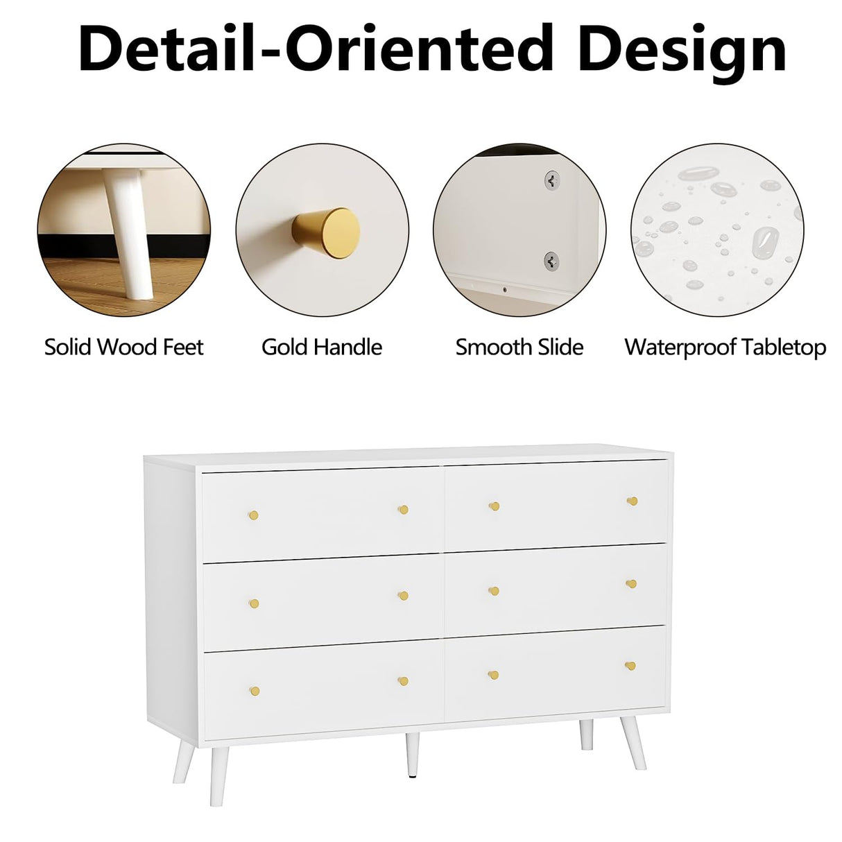 White 6 Drawer Dresser for Bedroom, Modern Dresser with Gold Handle